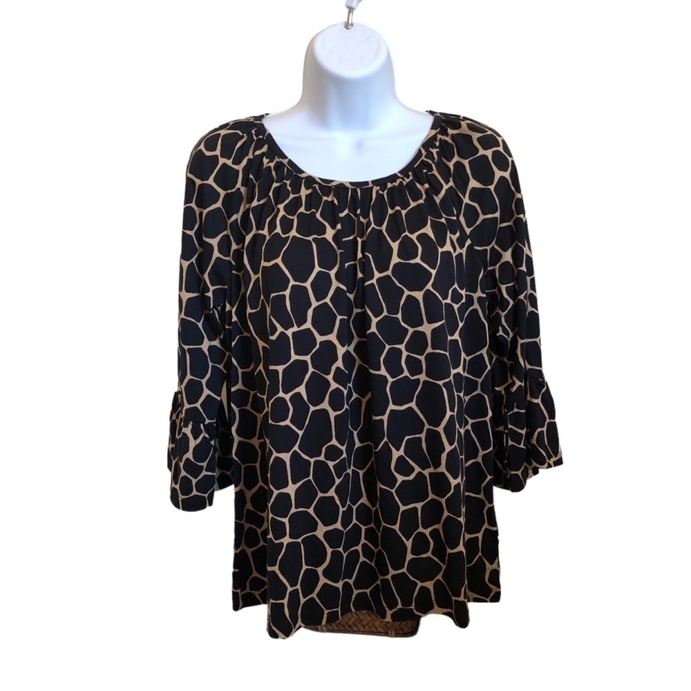 Michael Kors Flutter Sleeve Top Pullover Blouse Medium Black Khaki Giraffe-NWT - Picture 1 of 9